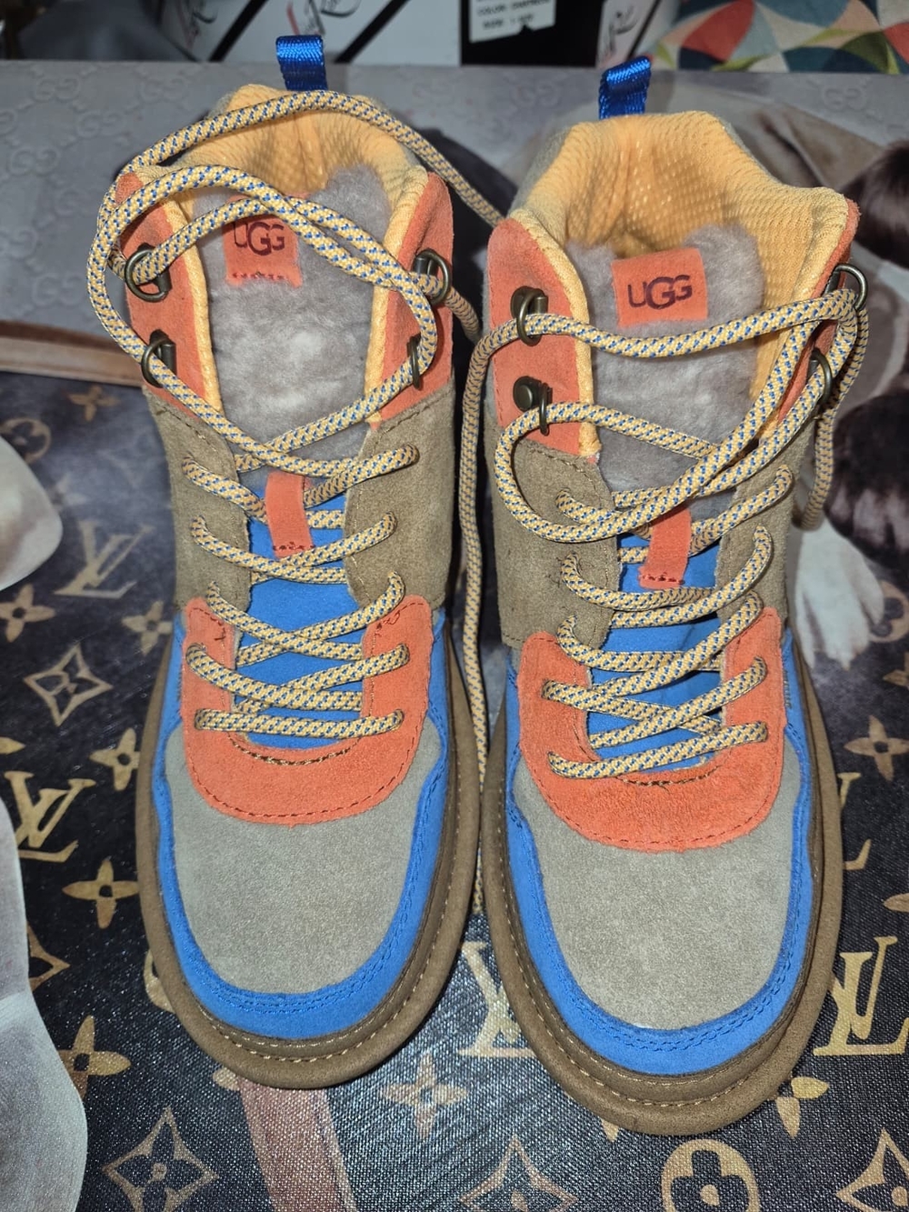 UGG Kids Brown Suede Trek Boots with Blue and Orange Accents